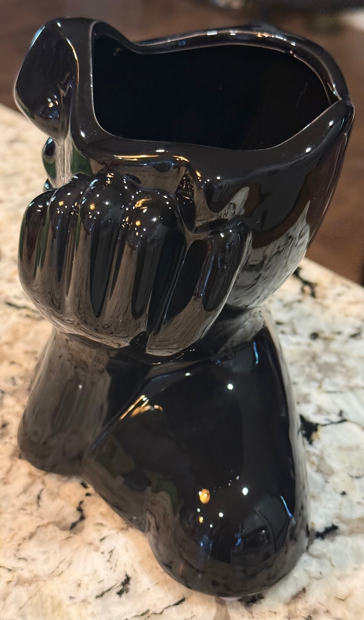 New black iridescent ceramic thinking woman face vase 7x6