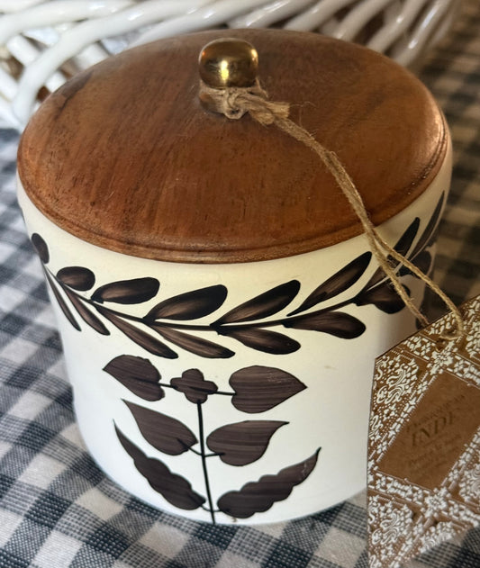 New brown floral Made in India ceramic 5” canister wood lid