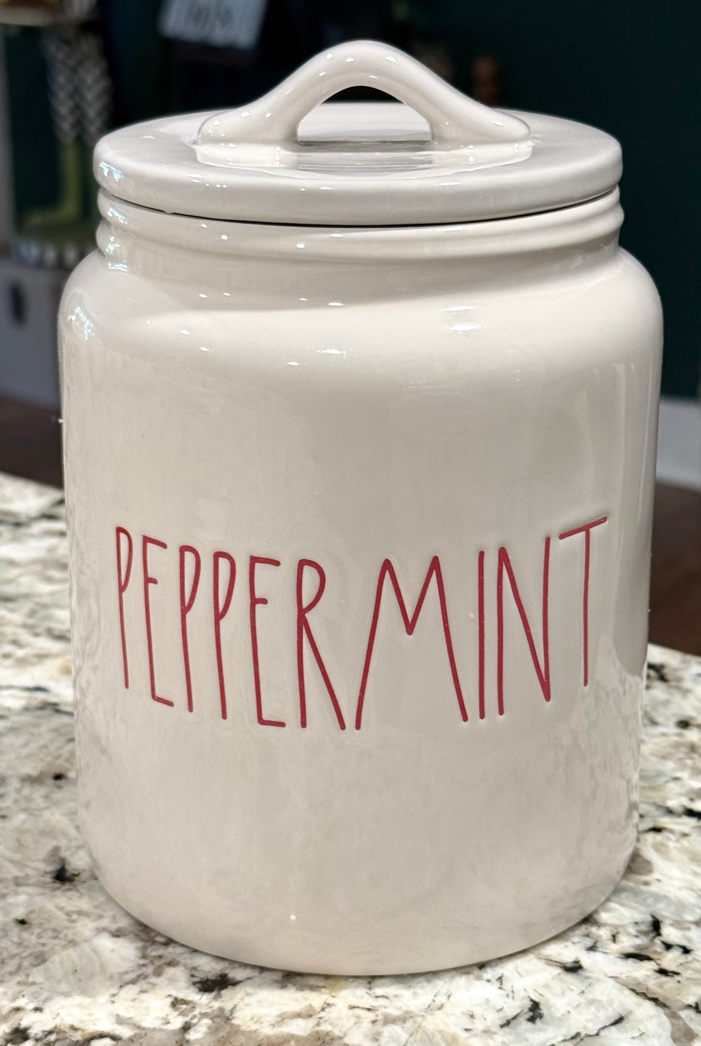 New Rae Dunn white ceramic Christmas decor canister 8” PEPPERMINT
