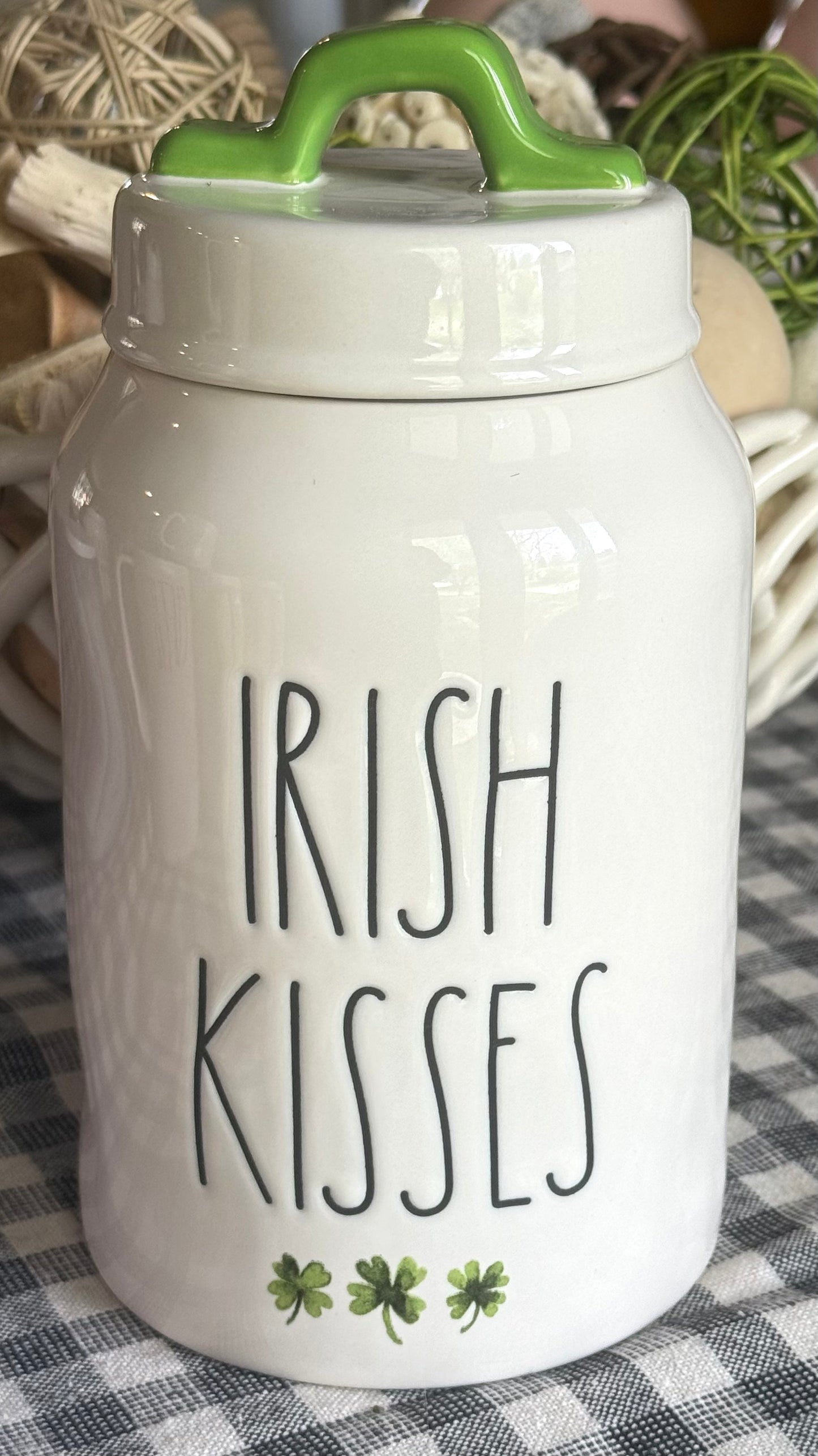 New Rae Dunn white ceramic 8” shamrock ☘️ canister St. Patrick’s Day decor IRISH KISSES