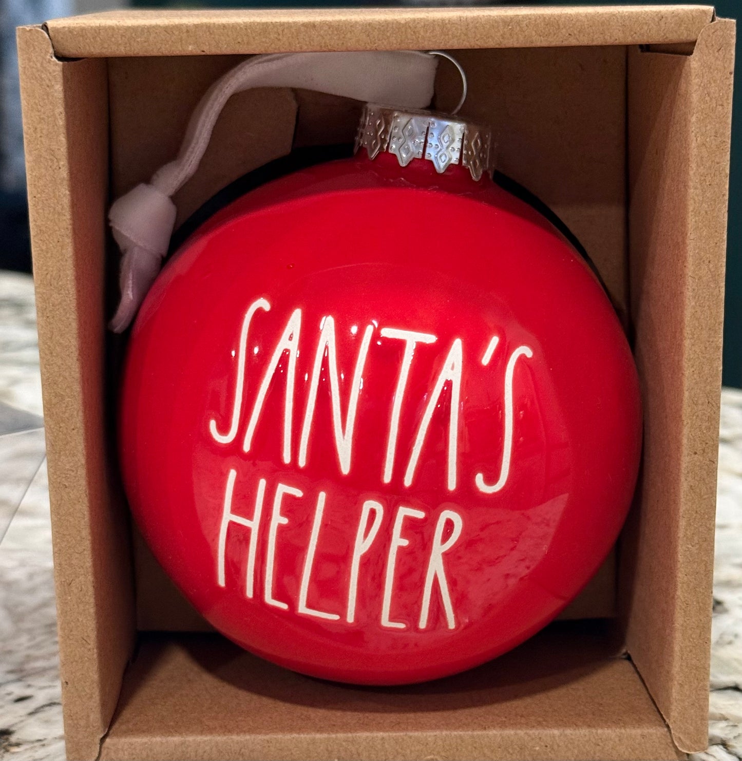 New Rae Dunn red ceramic Christmas ornament SANTA’S HELPER 5”