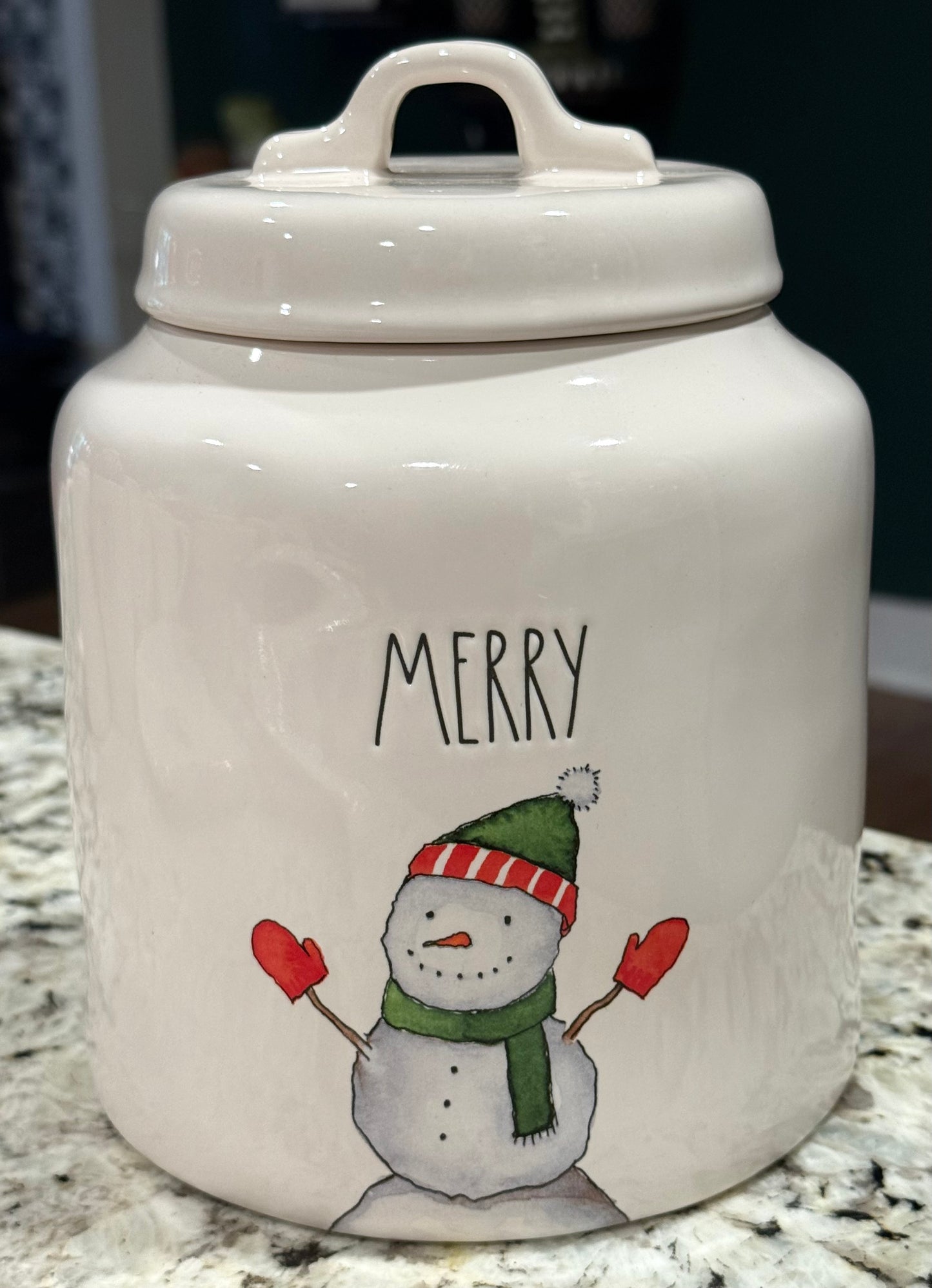 New Rae Dunn 8” white ceramic Christmas cookie jar canister MERRY