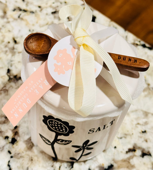 New Rae Dunn floral ceramic SALT cellar with wood mini spoon