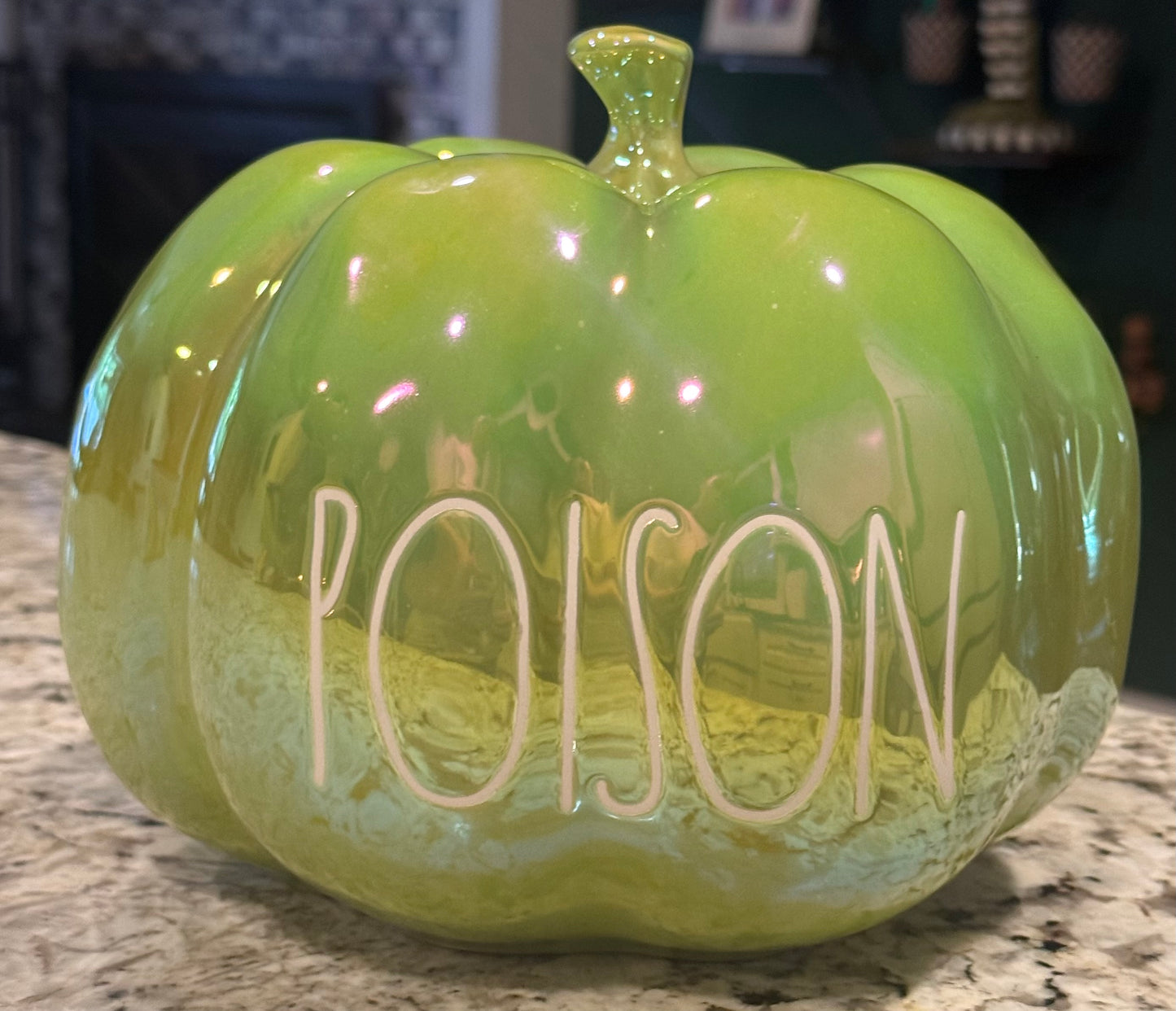 New Rae Dunn green iridescent ceramic Halloween decor 8” pumpkin POISON