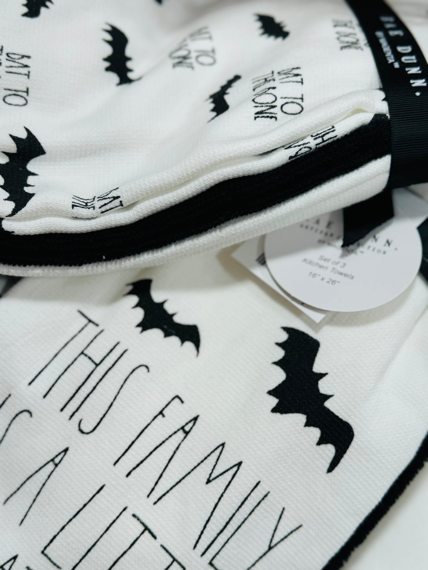 New Rae Dunn 3-piece kitchen dish towel set THIS FAMILY IS A LITTLE BATTY /black/BAT TO THE BONE