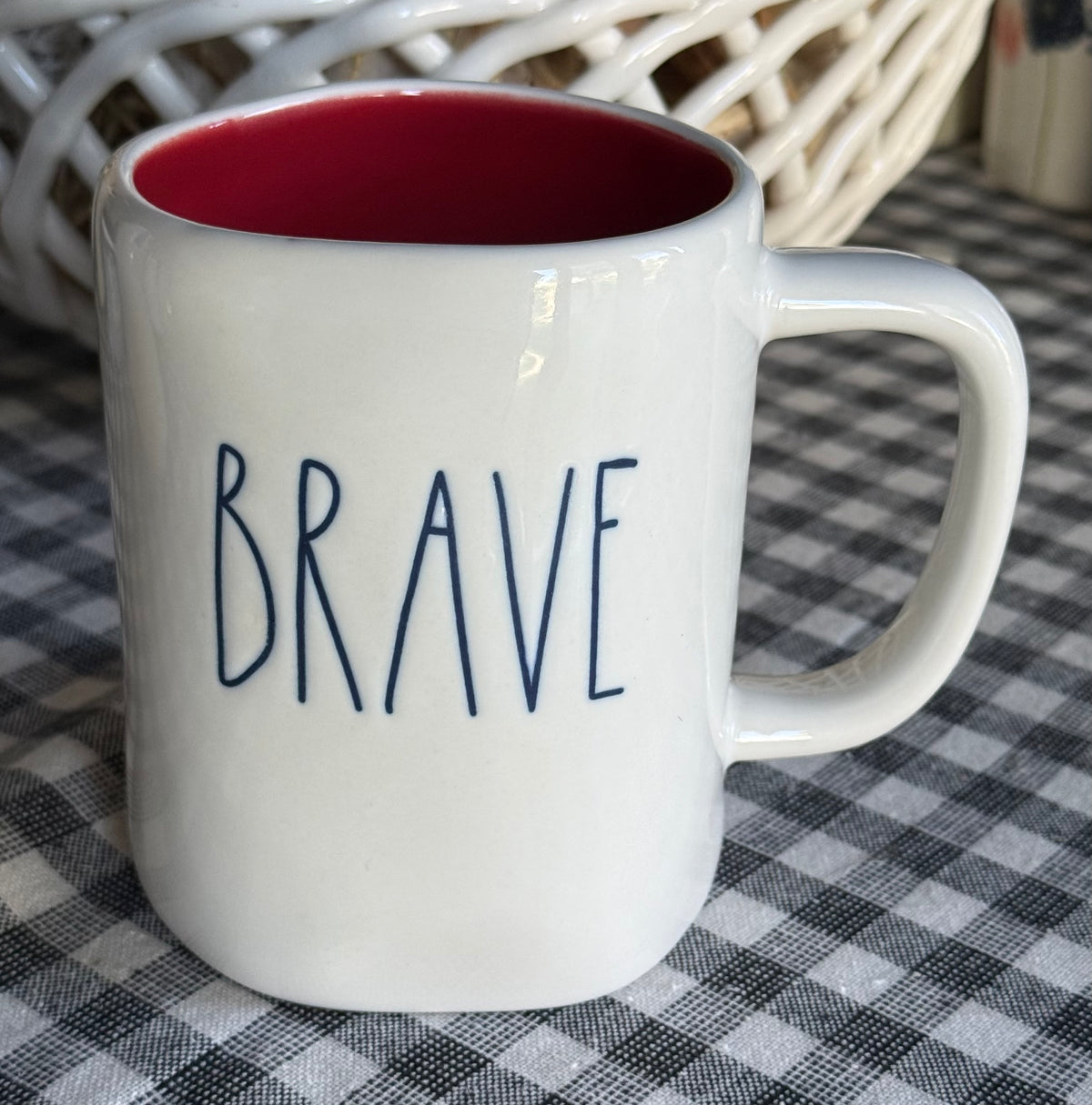 New Rae Dunn Americana white ceramic blue interior coffee mug BRAVE