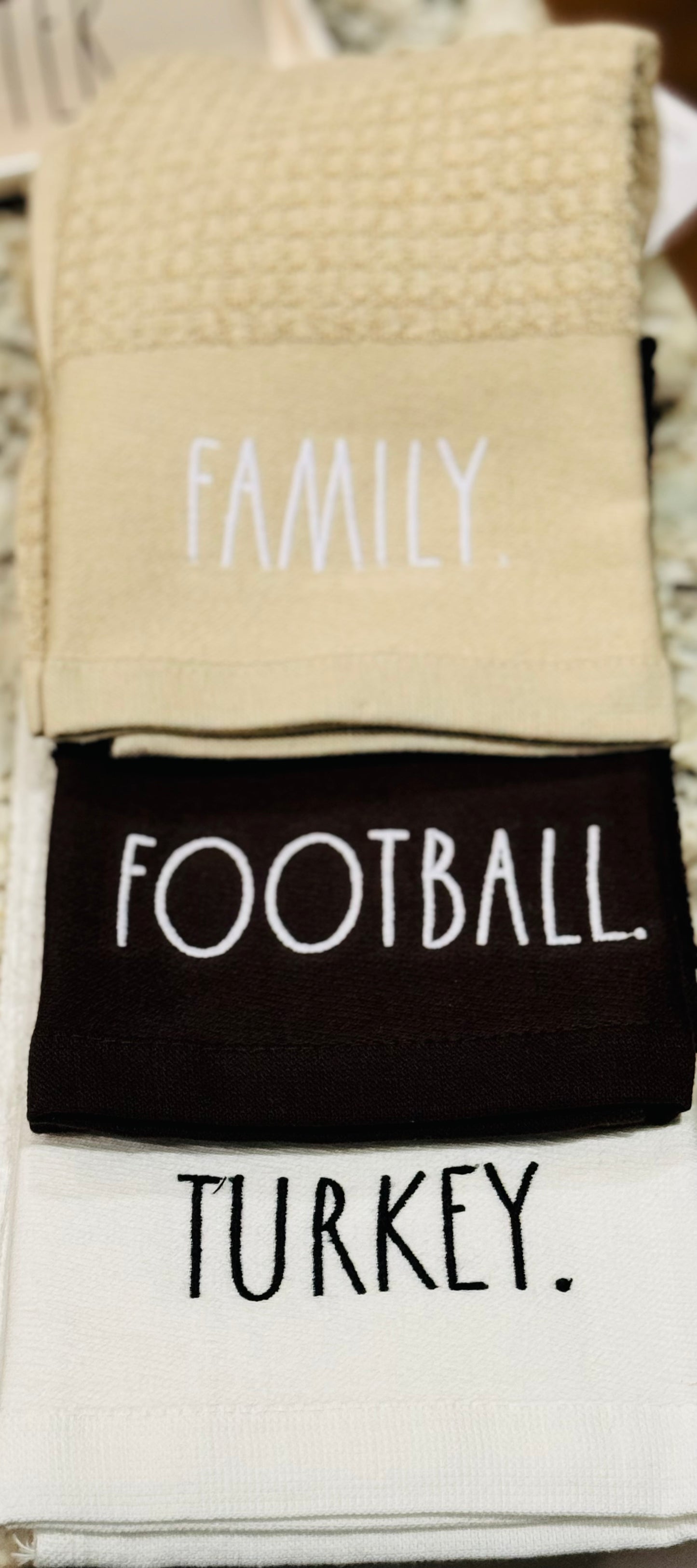 New Rae Dunn 3-piece kitchen fall dish towel set FAMILY FOOTBALL TURKEY