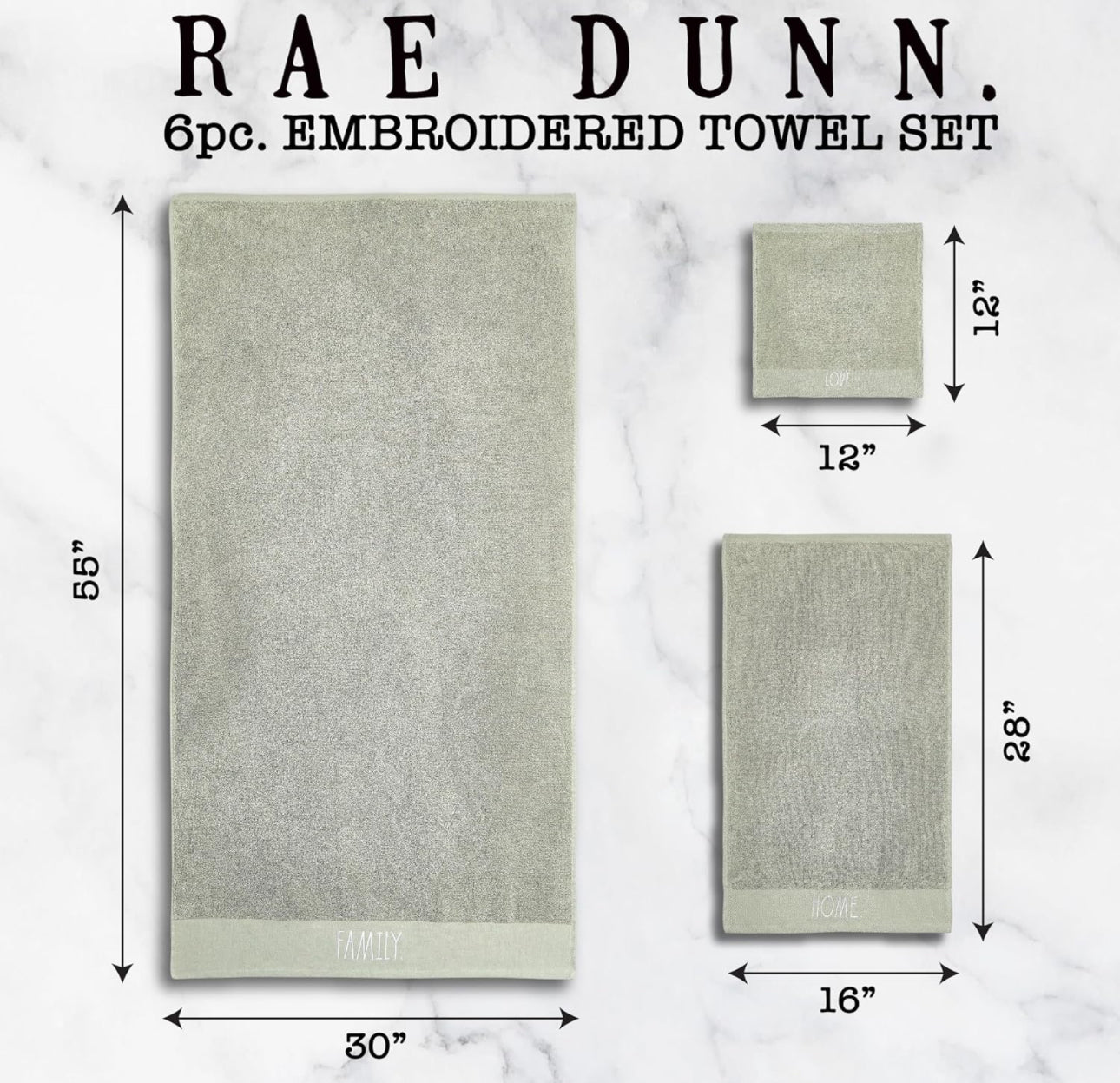 New Rae Dunn 6-piece Sage green bathroom embroidered towel set FAMILY.