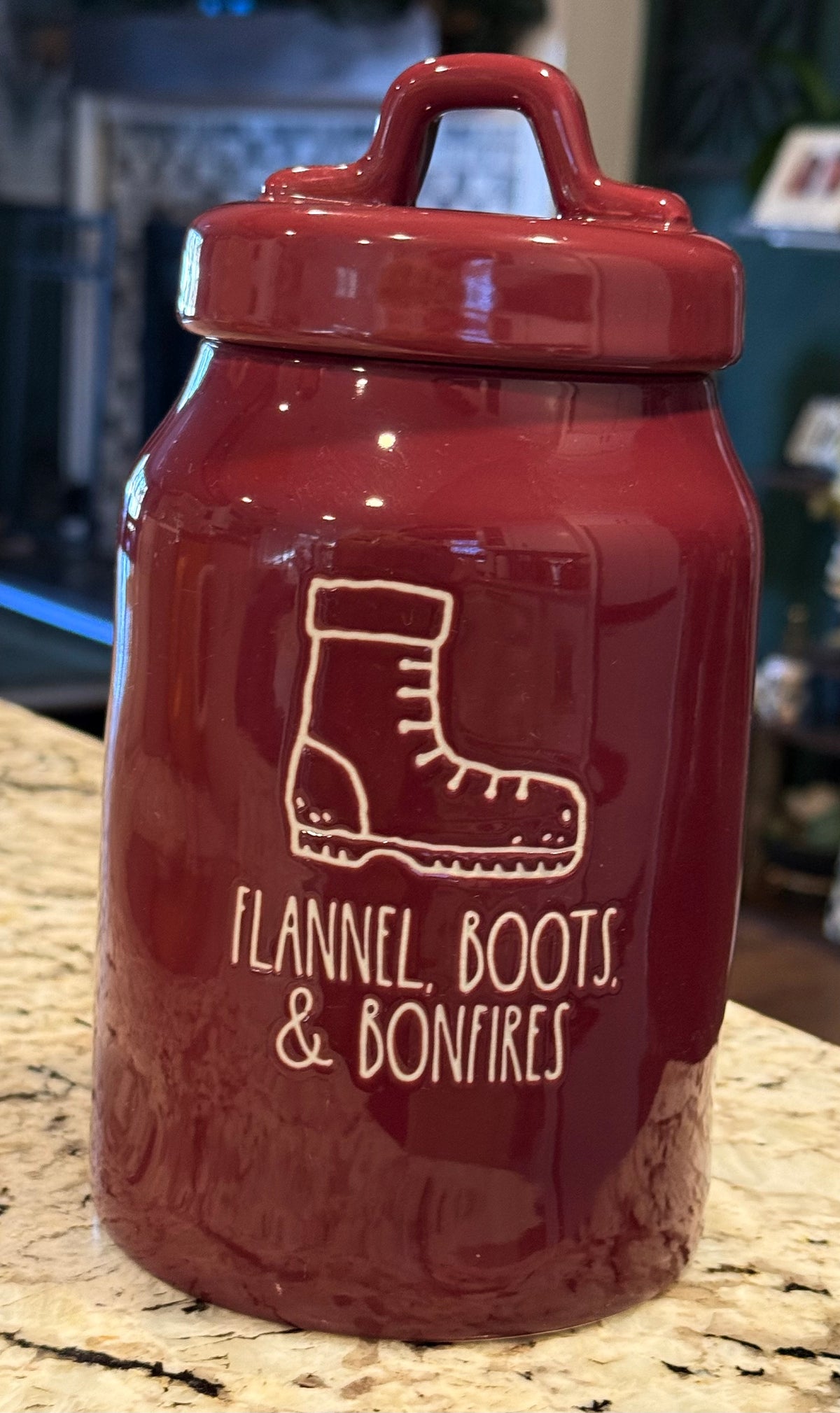 New Rae Dunn fall burgundy ceramic canister FLANNEL BOOTS & BONFIRES