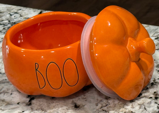 New Rae Dunn orange ceramic Halloween decor BOO pumpkin storage jar 5”