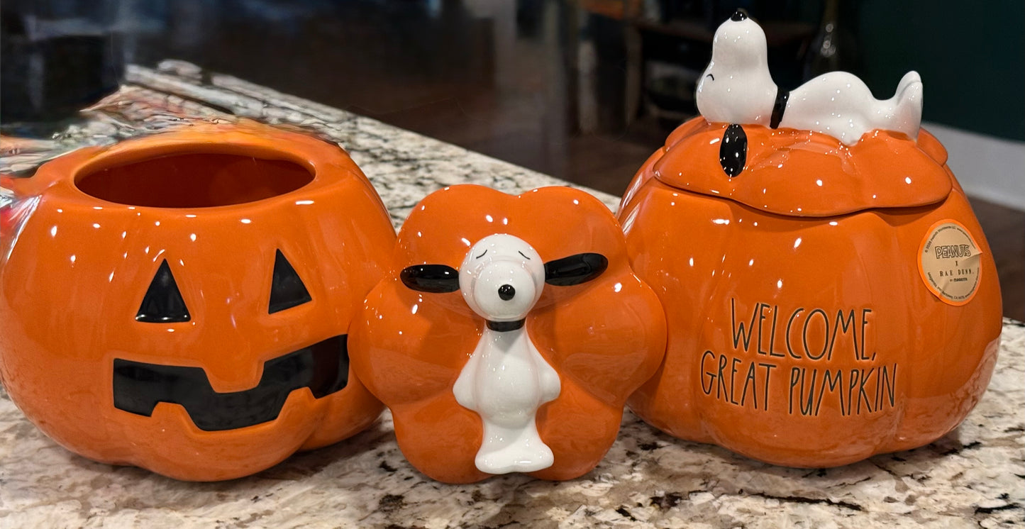 New Rae Dunn x Peanuts ceramic Snoopy WELCOME GREAT PUMPKIN cookie jar canister