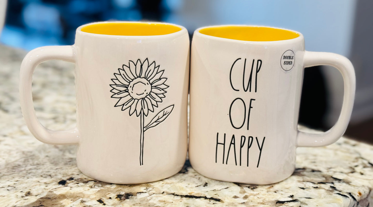 New Rae Dunn ceramic coffee mug CUP OF HAPPY flower engraved back