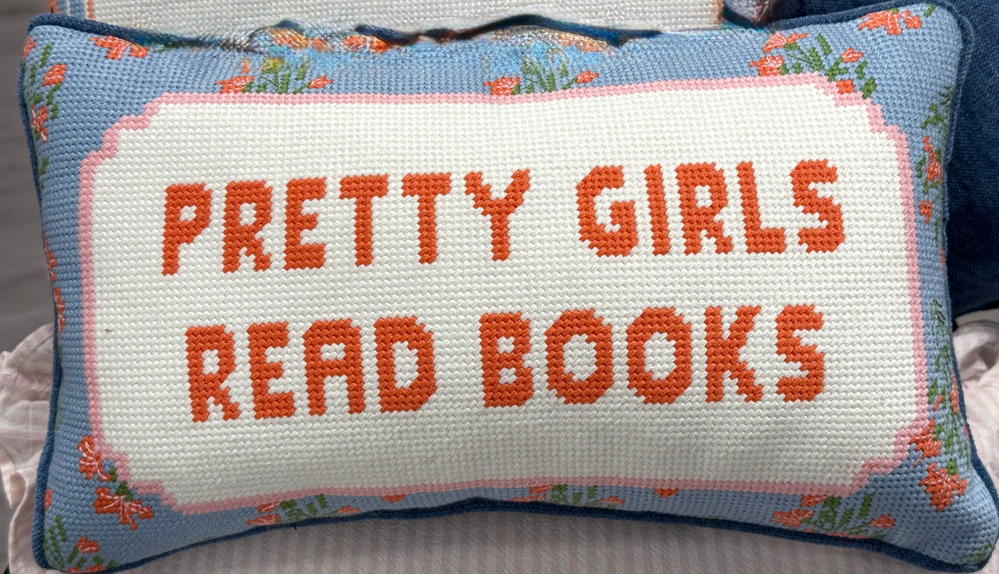 New Cupcakes and Cashmere blue needlepoint floral embroidered throw pillow 9x16 PRETTY GIRLS READ BOOKS