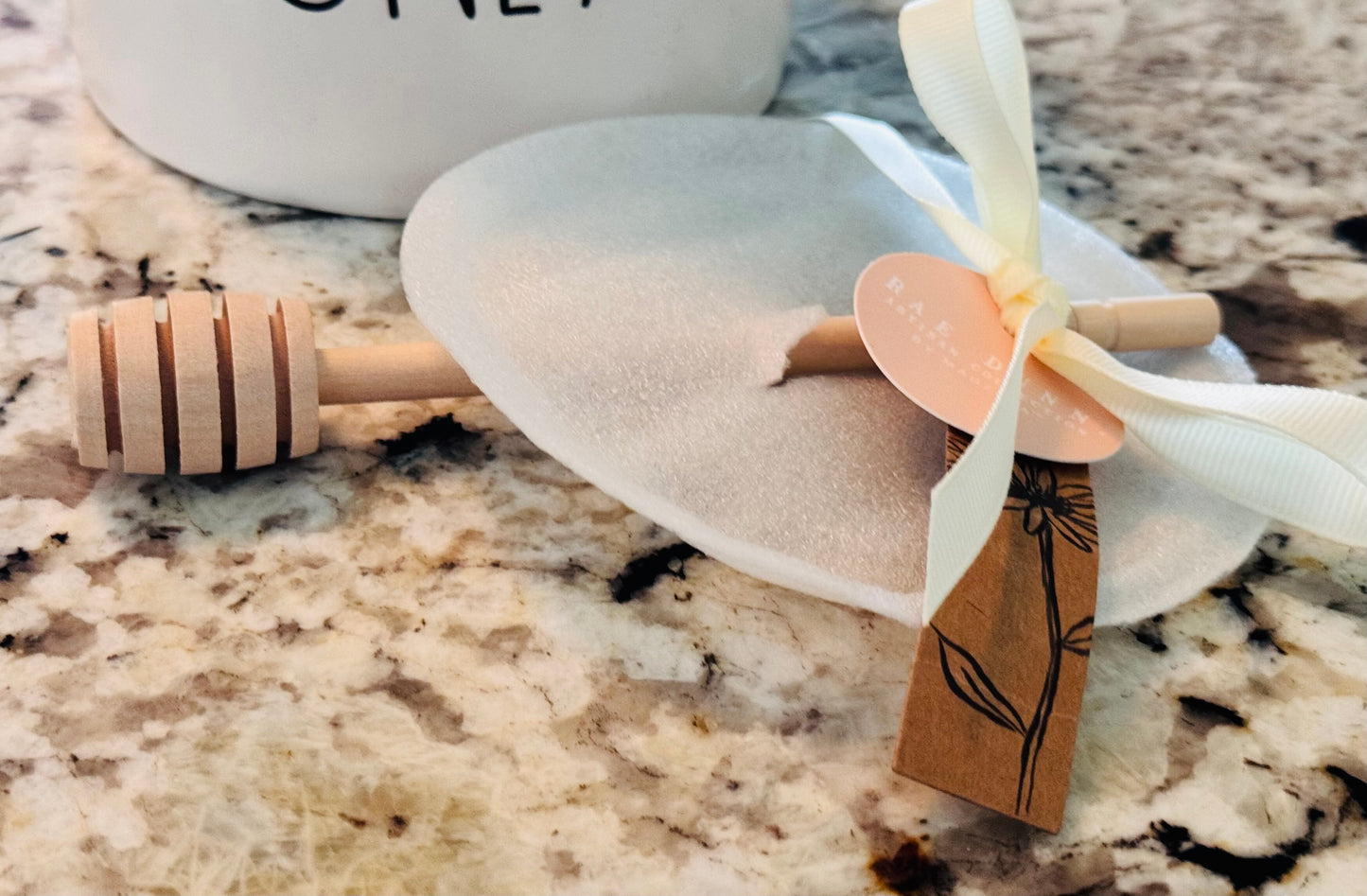 New Rae Dunn white ceramic HONEY 🍯 storage pot with wood stir spoon