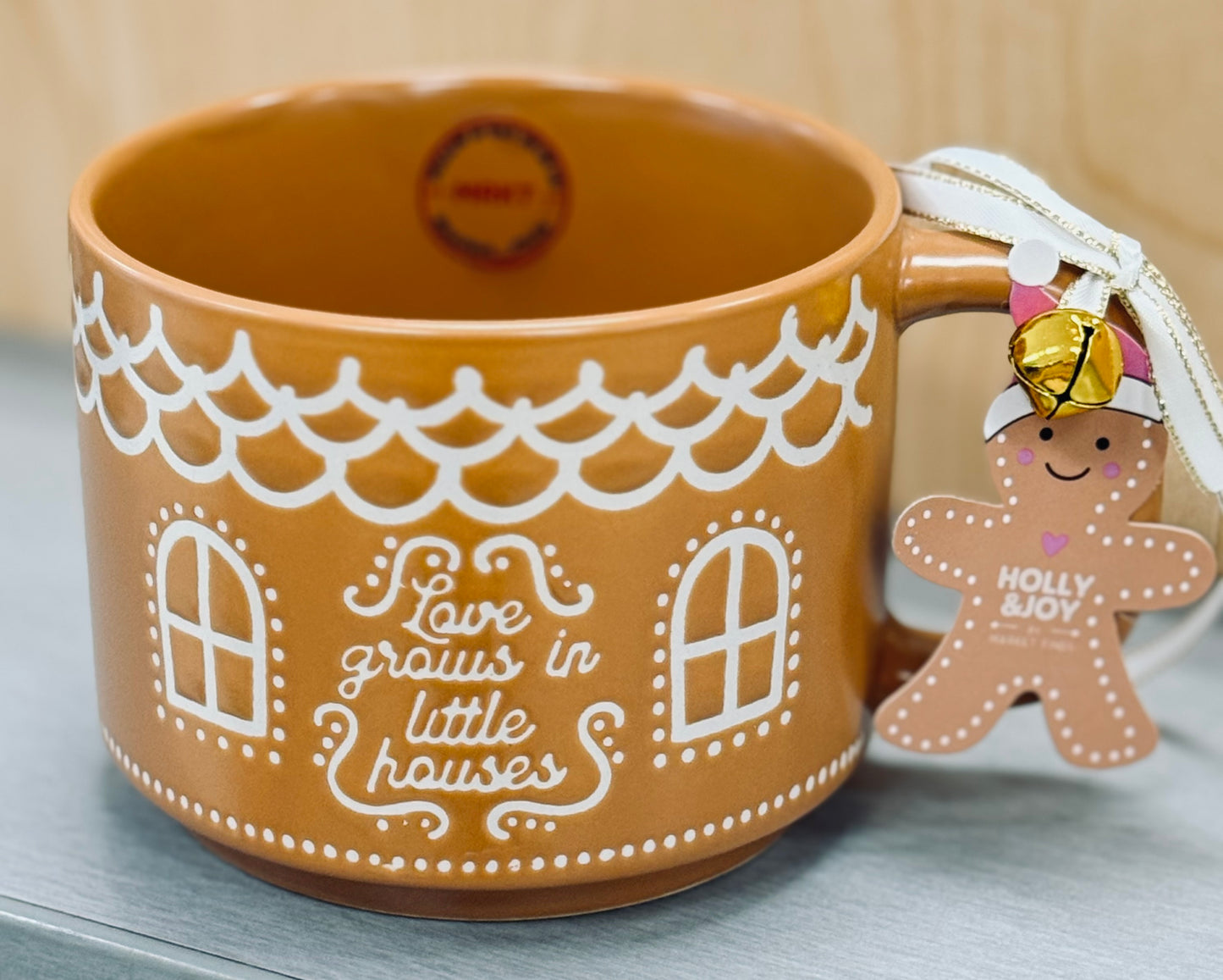 New brown gingerbread ceramic Christmas mug with bell LOVE GROWS IN LITTLE HOUSES