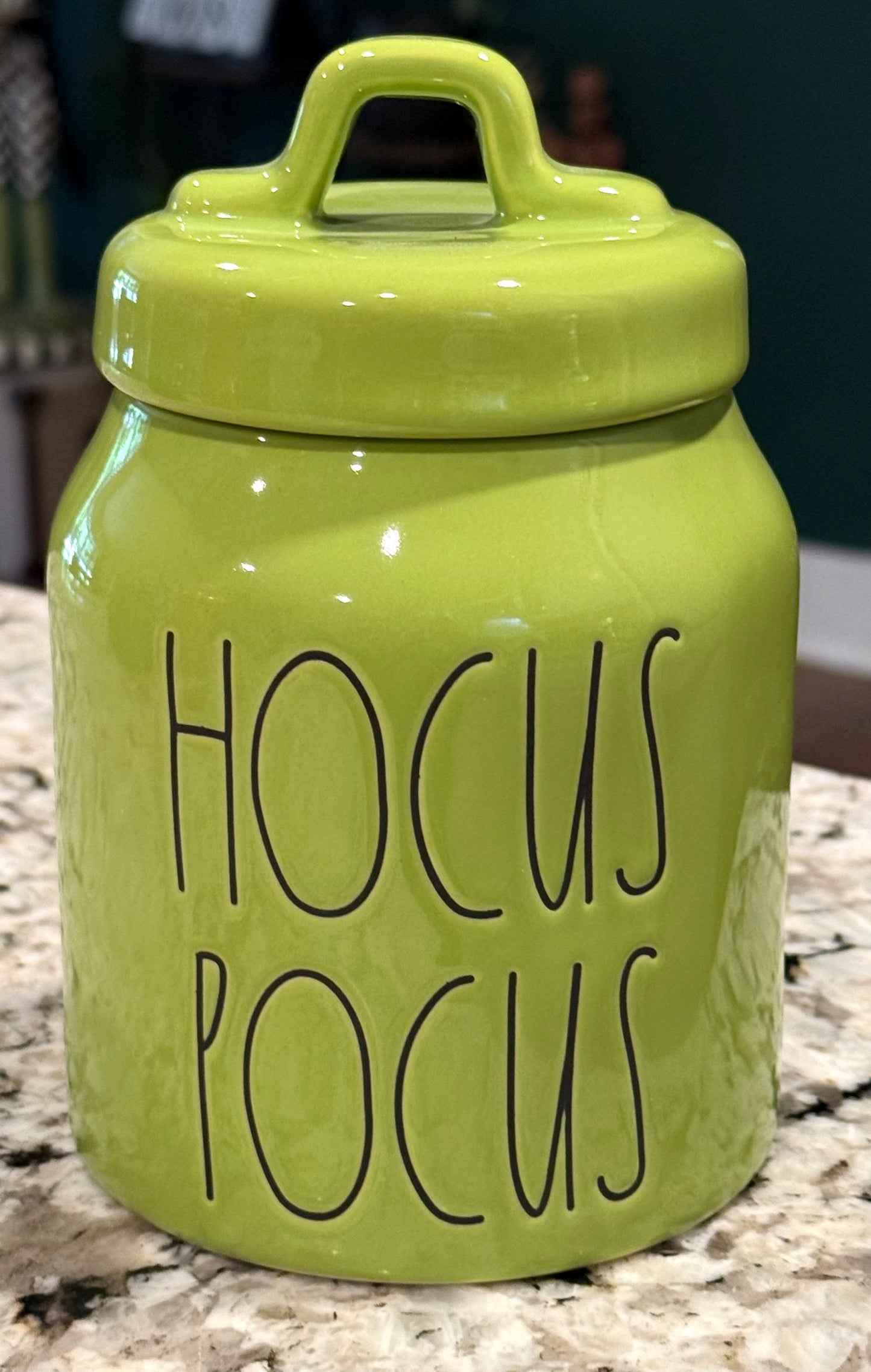 New Rae Dunn green ceramic Halloween decor 6” canister HOCUS POCUS