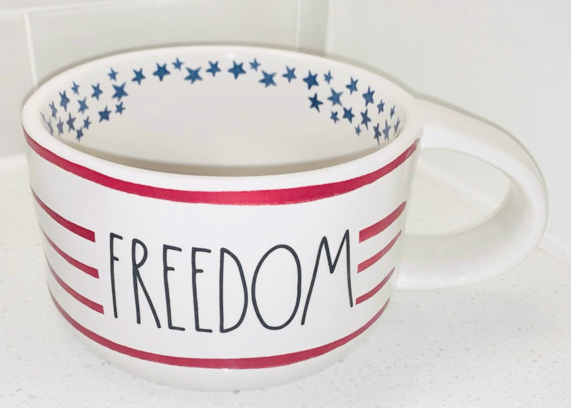 New Rae Dunn Americana ceramic decor FREEDOM red white blue soup mug