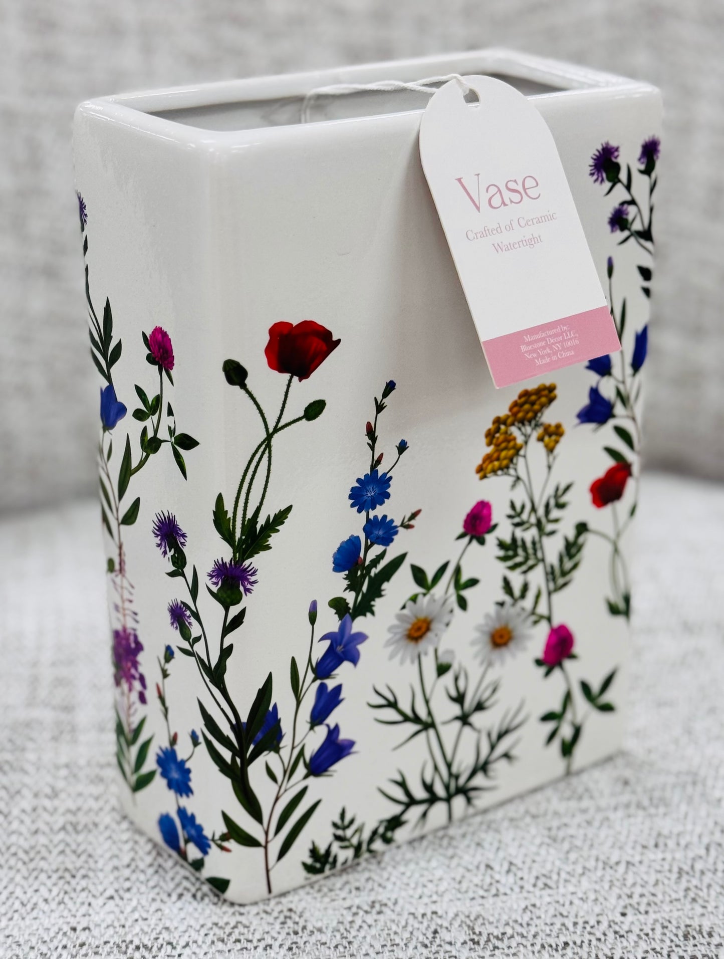 New ceramic floral 7” book vase decor -white print