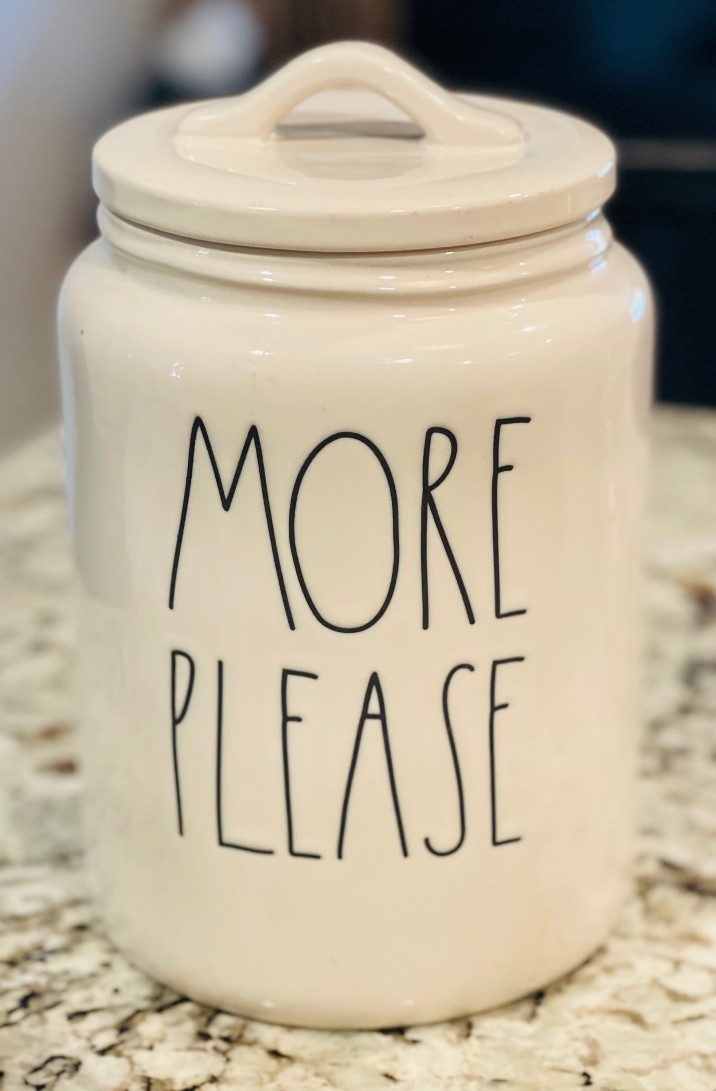 New Rae Dunn white ceramic MORE PLEASE canister 10” flat lid style