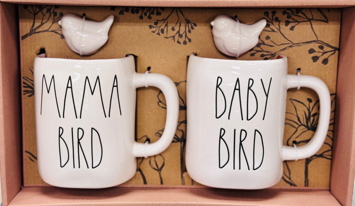 New Rae Dunn ceramic Mother’s Day mug gift set MAMA BIRD & BABY BIRD with rim sitting birds