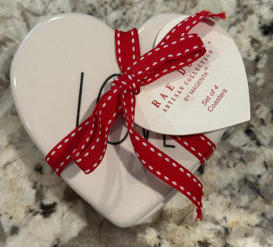 New Rae Dunn white ceramic 4-piece LOVE heart coaster set
