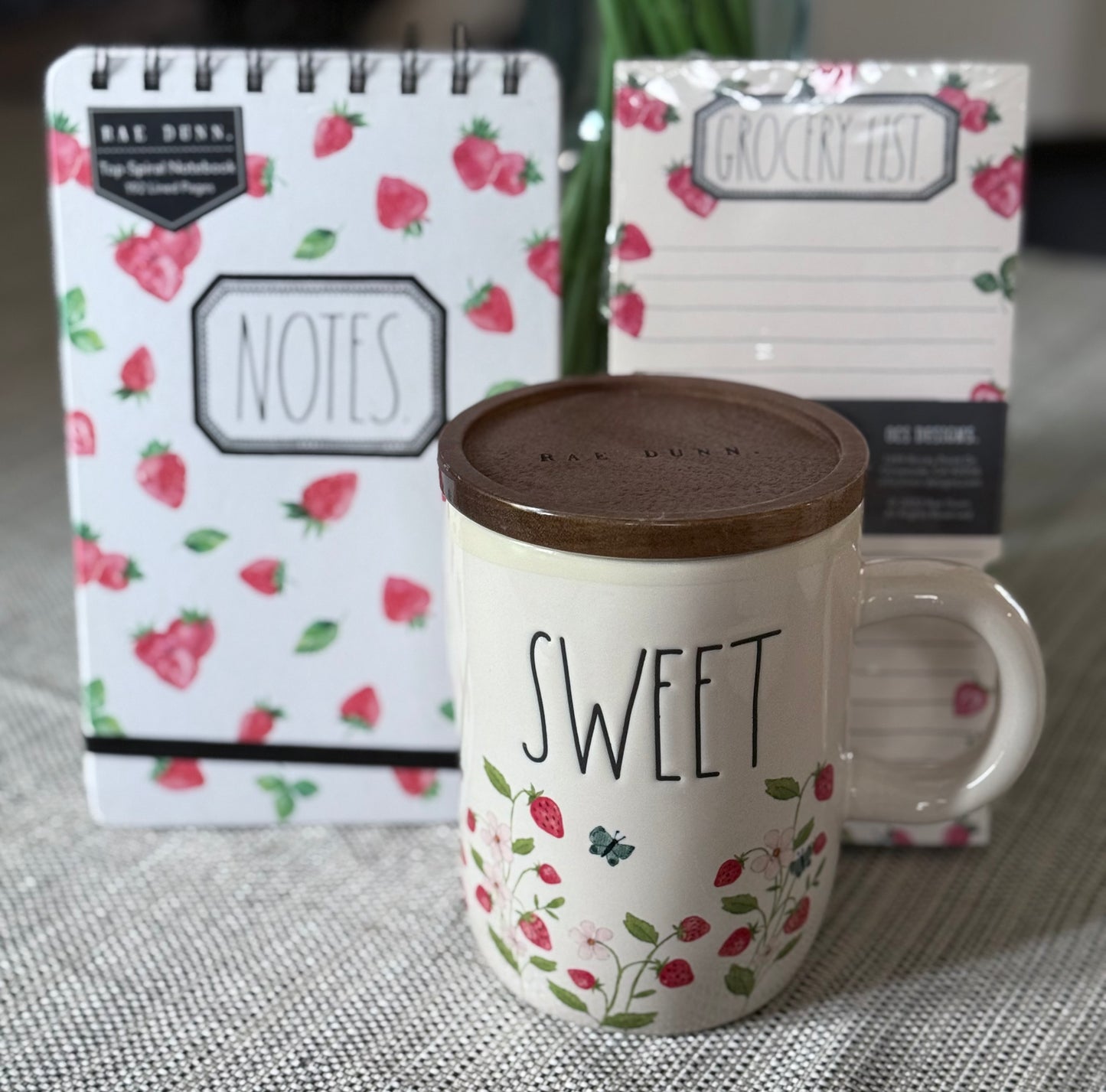 New Rae Dunn 3-piece Strawberry 🍓 gift set SWEET coffee mug, notes notebook, to-do list/grochery list notepad set
