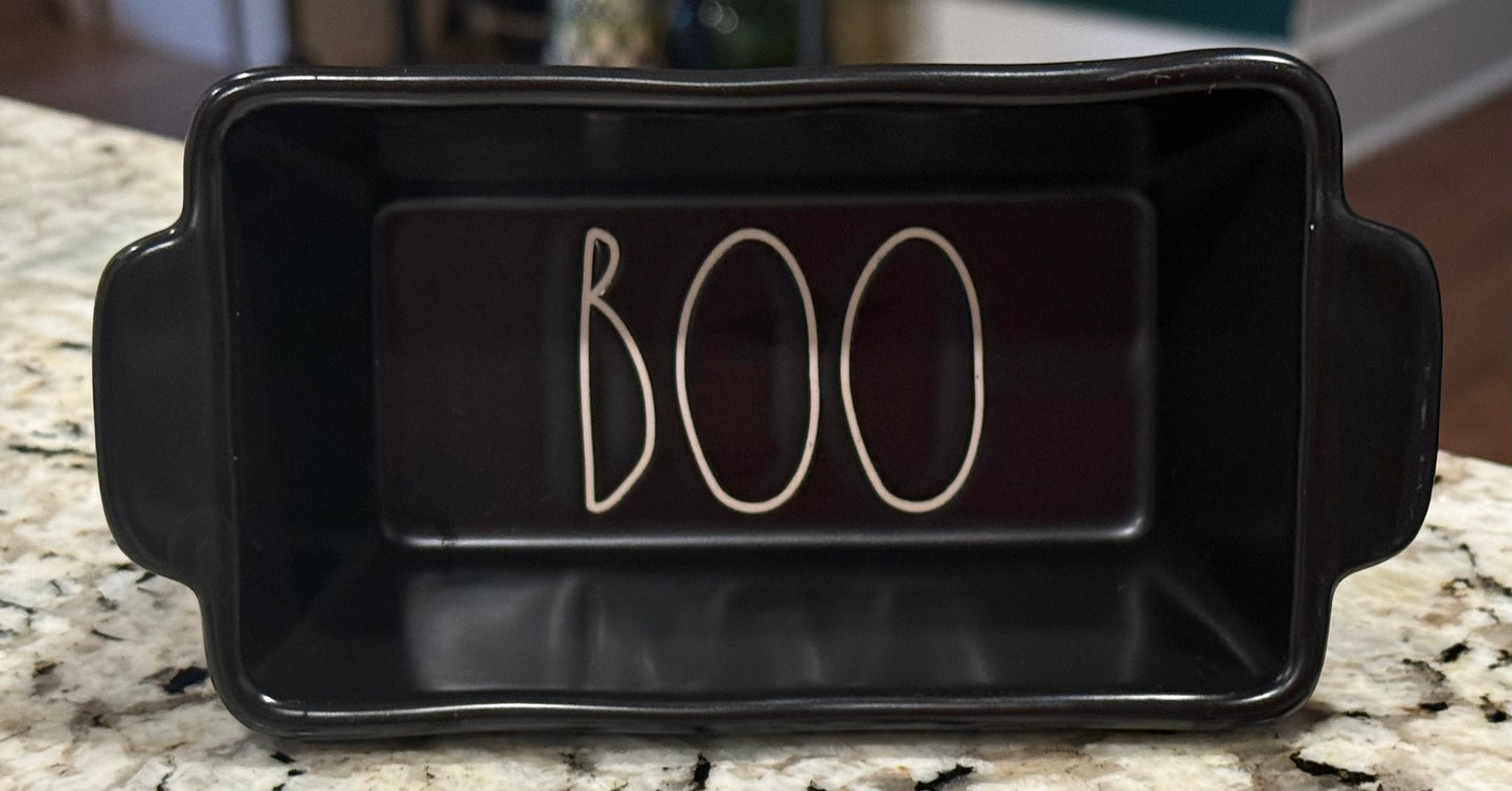 New Rae Dunn black ceramic Halloween 4” mini baking dish BOO