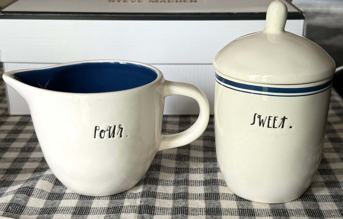Rae Dunn vintage Blue Line ceramic 2-piece cream & sugar set POUR/SWEET