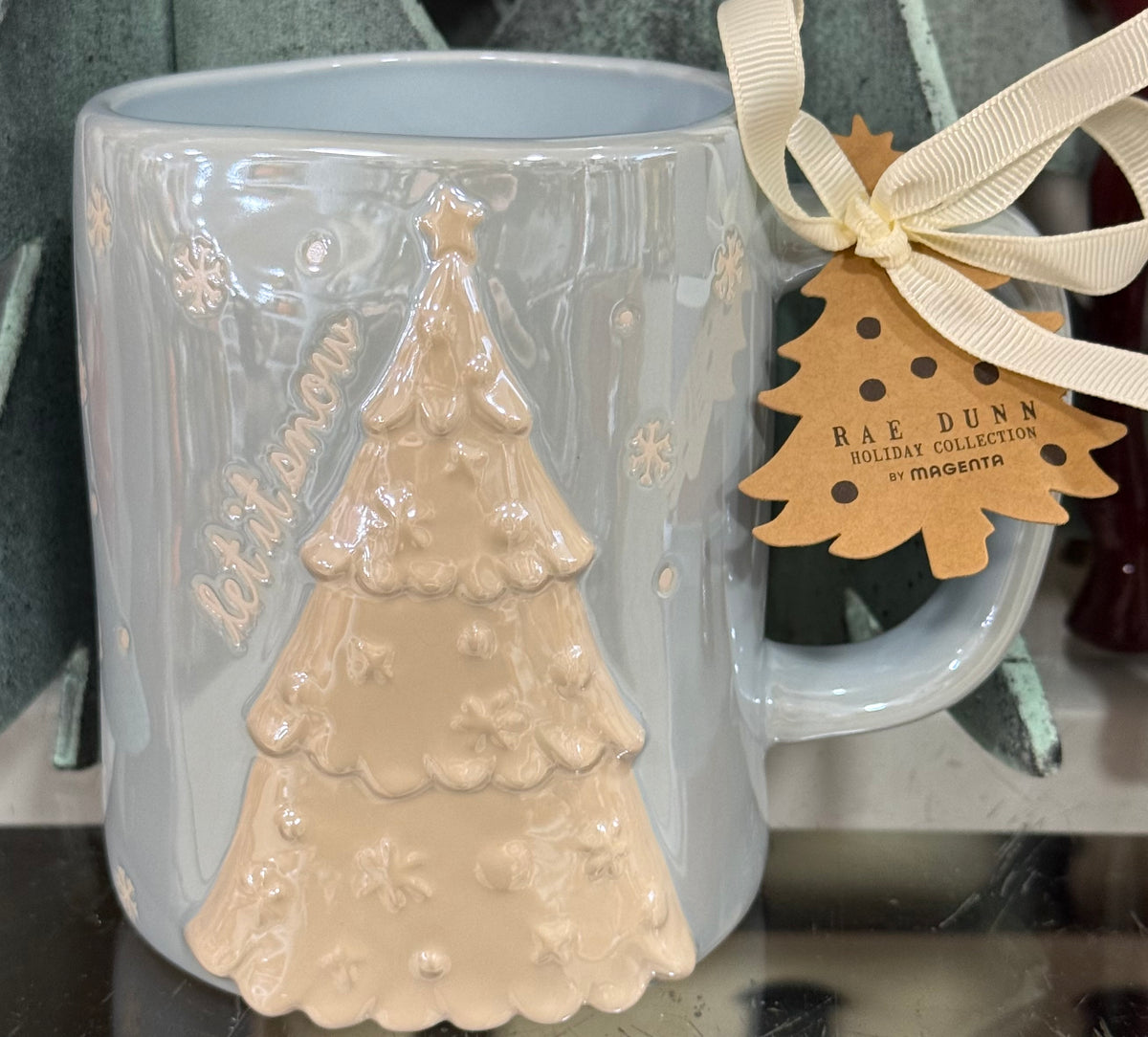 New Rae Dunn light blue ceramic coffee mug LET IT SNOW Christmas tree