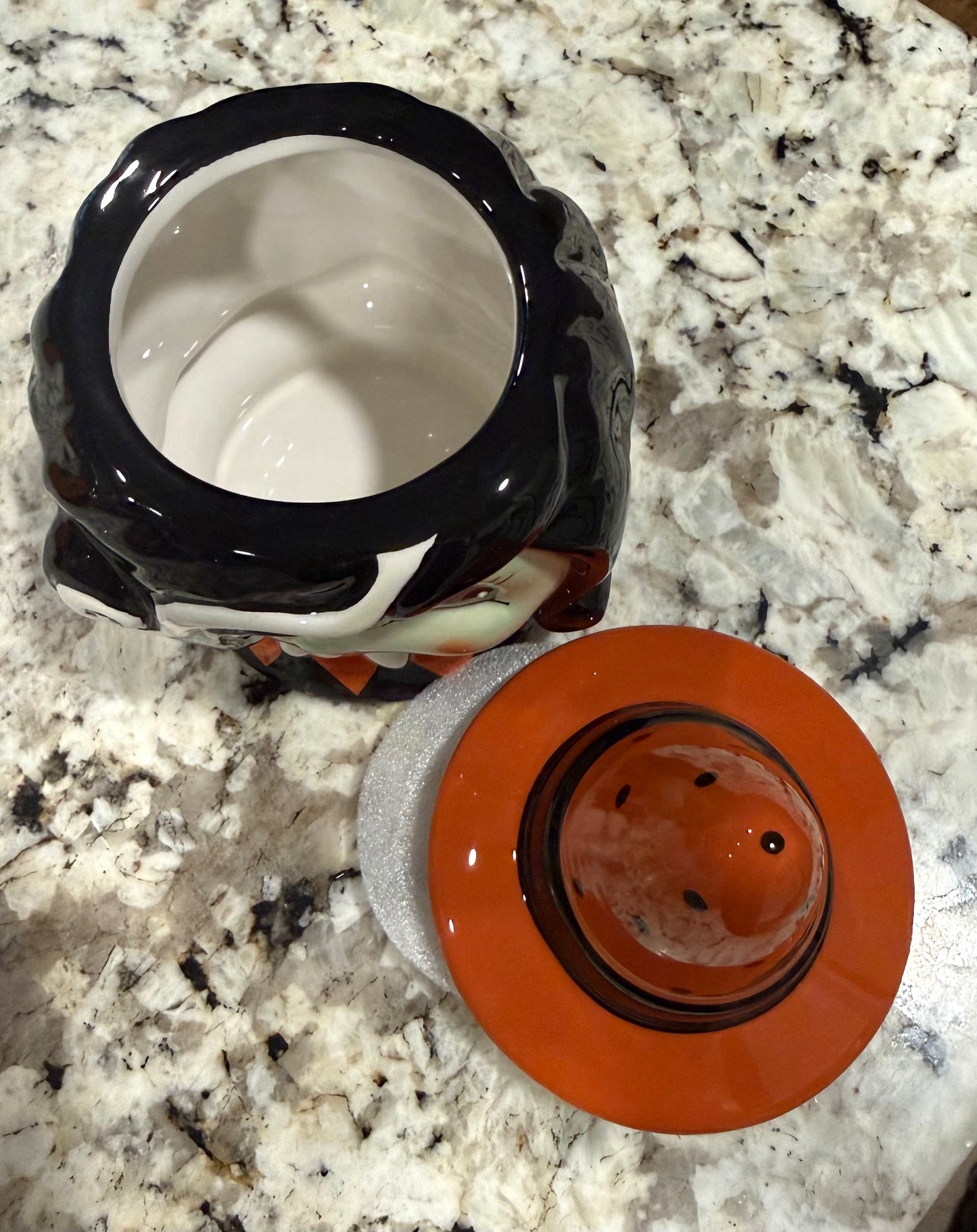 New Joanna Parker ceramic Halloween lidded sugar dish witch lady