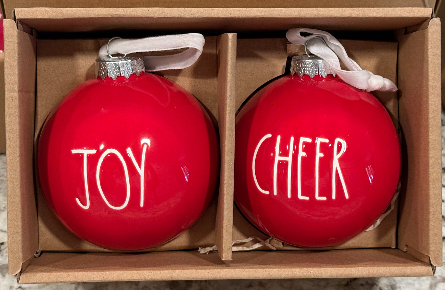 New in box Rae Dunn red ceramic Christmas ornament set JOY:CHEER