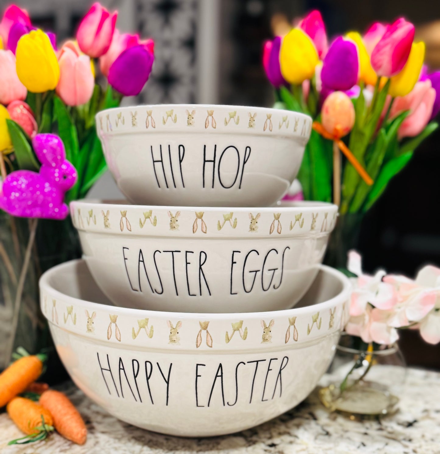 Rae Dunn vintage bunny line 3-piece ceramic stacking bowl set HAPPY EASTER, EASTER EGGS, HIP HOP