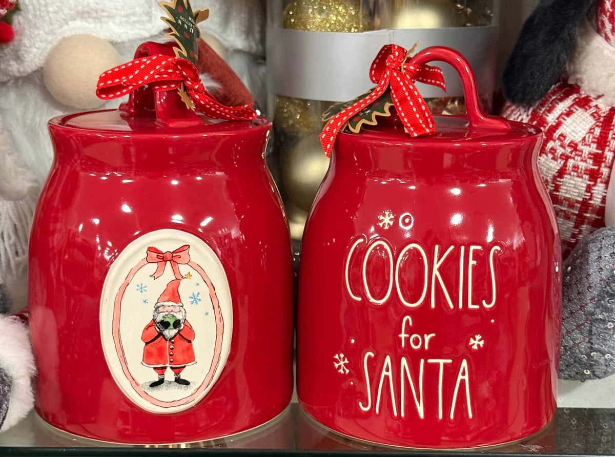 New 8” ceramic Rae Dunn COOKIES FOR SANTA double sided cookie jar Christmas canister decor
