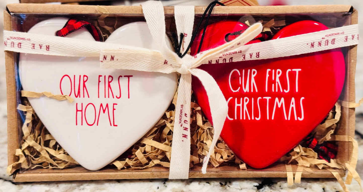 New Rae Dunn 2-piece ceramic Christmas ornament set OUR FIRST HOME/OUR FIRST CHRISTMAS