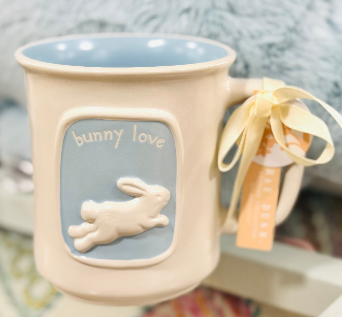 New Rae Dunn white ceramic bunny coffee mug blue interior BUNNY LOVE