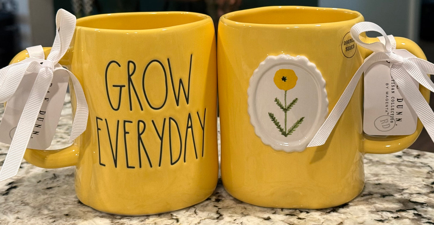 New Rae Dunn yellow flower ceramic coffee mug GROW EVERY DAY