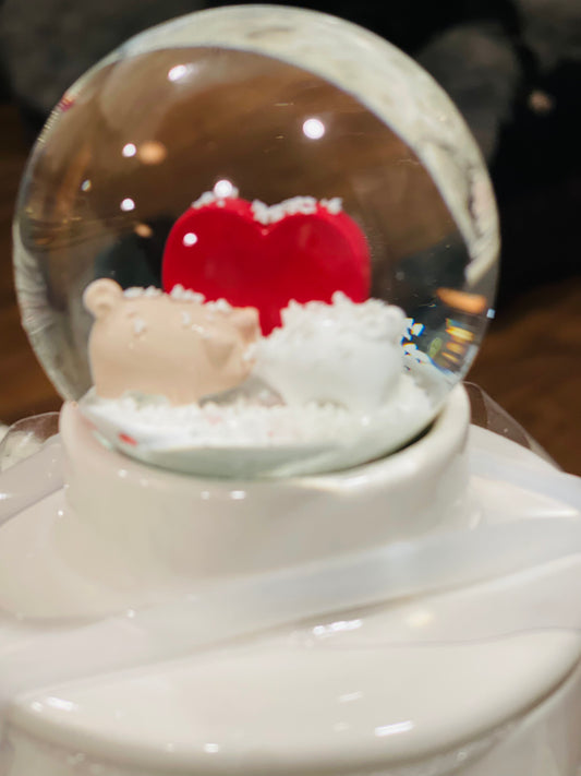 New Rae Dunn white ceramic Valentines Day mug with pig Snowglobe topper HOGS & KISSES