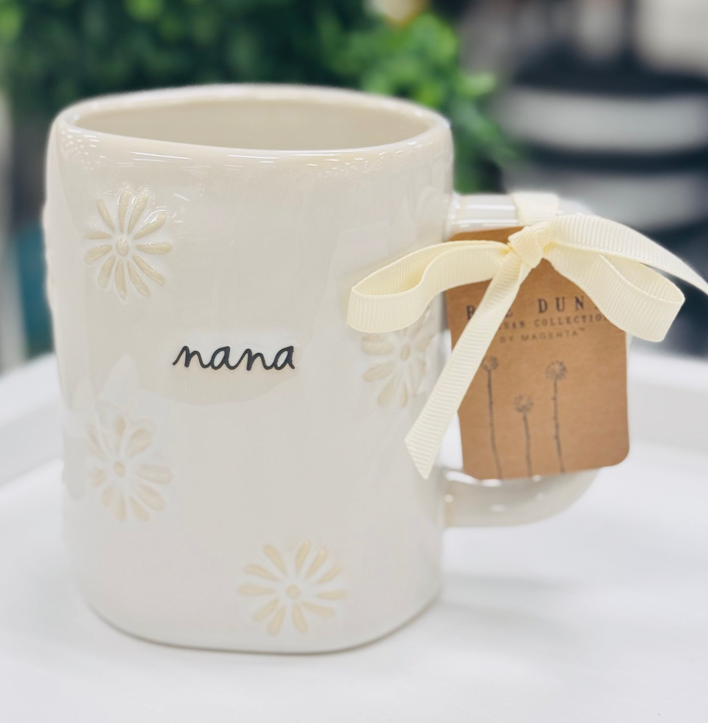 New Rae Dunn white ceramic floral coffee mug NANA