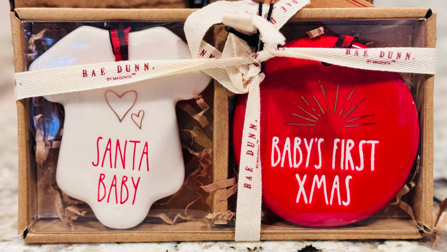 New Rae Dunn 2-piece ceramic Christmas ornament set SANTA BABY/BABY’S FIRST XMAS
