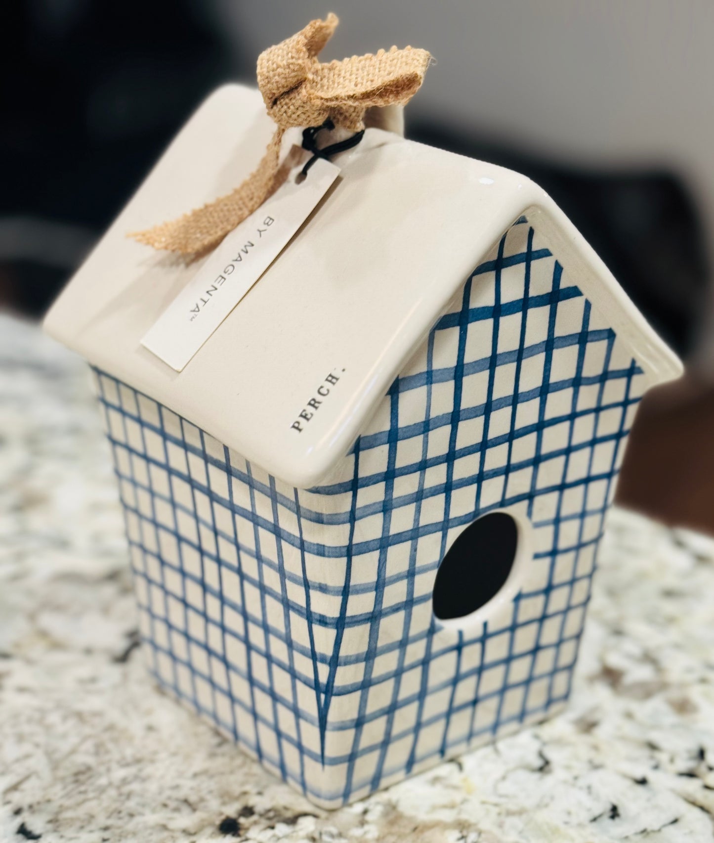 Rae Dunn ceramic blue plaid PERCH birdhouse decor
