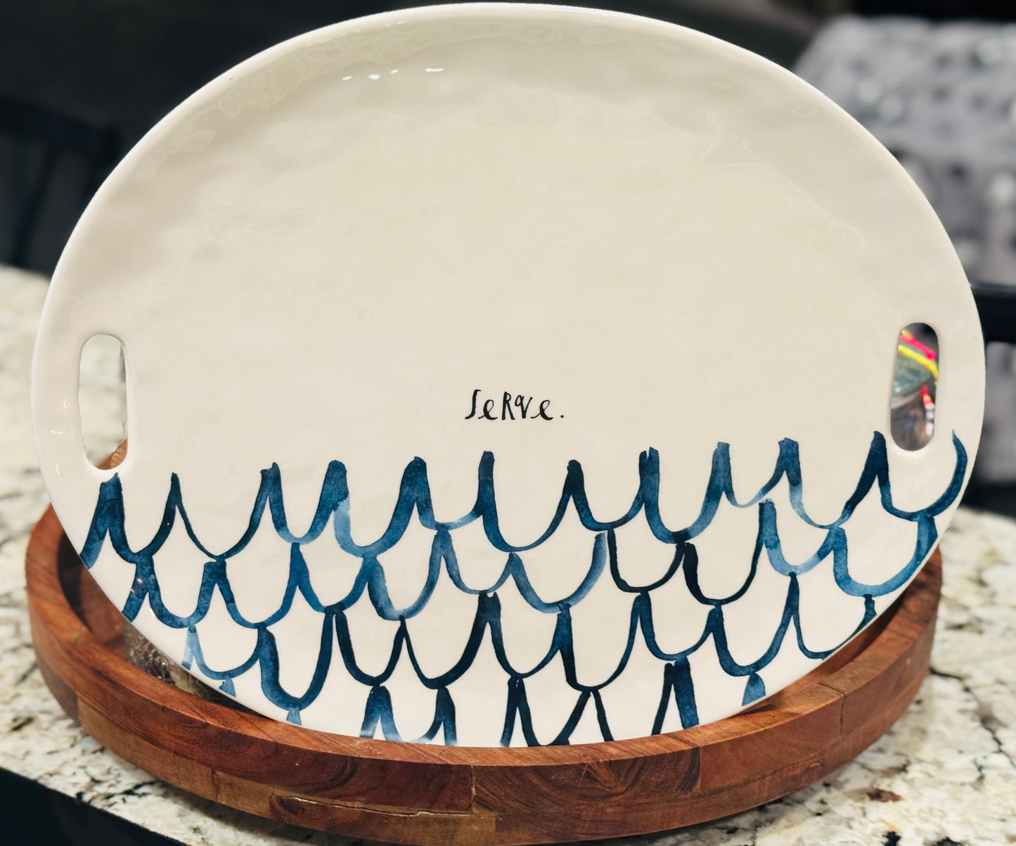 Rae Dunn blue swirl line ceramic SERVE large plater plate
