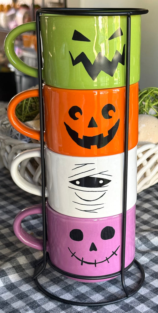 New Rae Dunn ceramic multi colored Halloween mug stacker set
