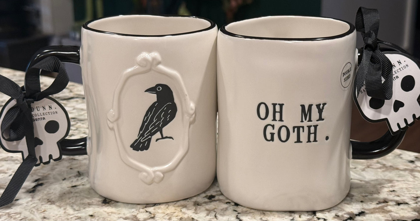 New Rae Dunn white ceramic Halloween coffee mug with raven OH MY GOTH