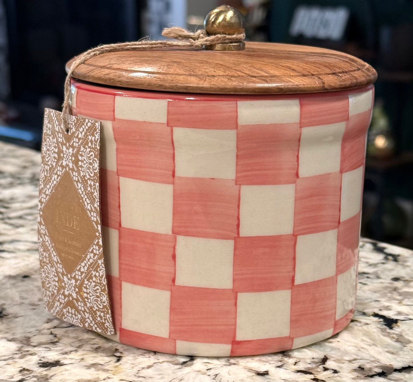 New Made in India pink check ceramic storage canister 5”