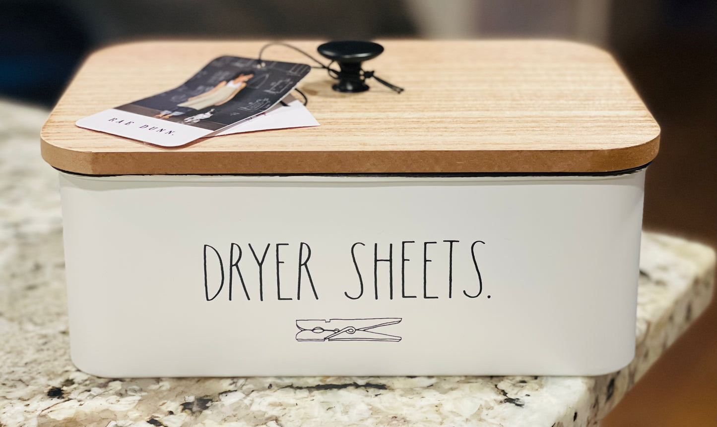 New Rae Dunn white metal LAUNDRY room Storage container DRYER SHEETS