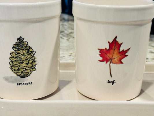 Rae Dunn 4-piece ceramic utensils holder set leaf acorn pinecone as shown