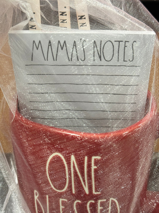 New Rae Dunn red ceramic coffee mug and notepad/pencil gift set ONE BLESSED MAMA & MAMA’S NOTES