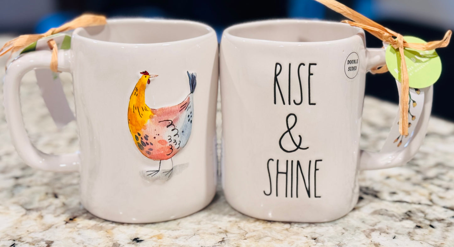 New Rae Dunn ceramic coffee mug chicken back RISE AND SHINE