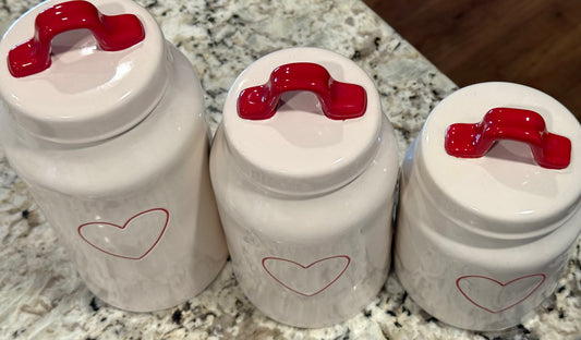 Rae Dunn white ceramic red heart Valentine’s Day canister set 9” 7.5” 6”
