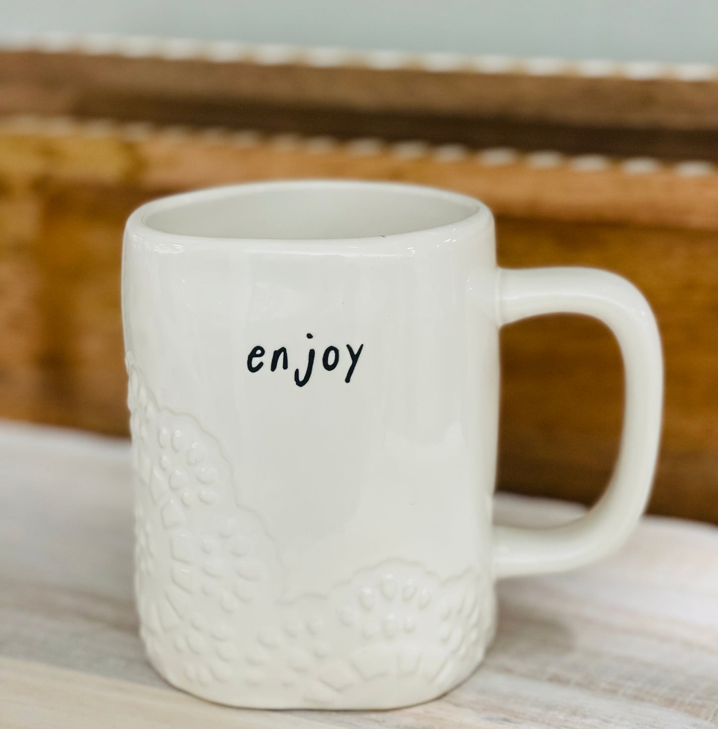 New Rae Dunn white ceramic coffee mug ENJOY